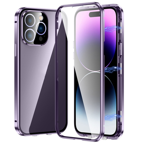 Magnetic Double-buckle HD Tempered Glass Phone Case for iPhone 14 Pro Max - Purple