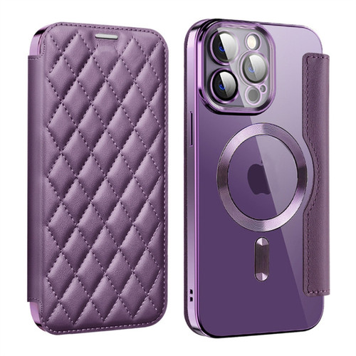 Shield Magsafe RFID Anti-theft Rhombus Leather Phone Case for iPhone 14 Pro Max - Purple