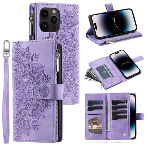 Multi-Card Totem Zipper Leather Phone Case for iPhone 14 Pro Max - Purple