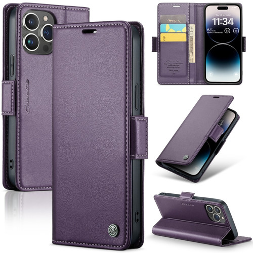CaseMe 023 Butterfly Buckle Litchi Texture RFID Anti-theft Leather Phone Case for iPhone 14 Pro Max - Pearly Purple