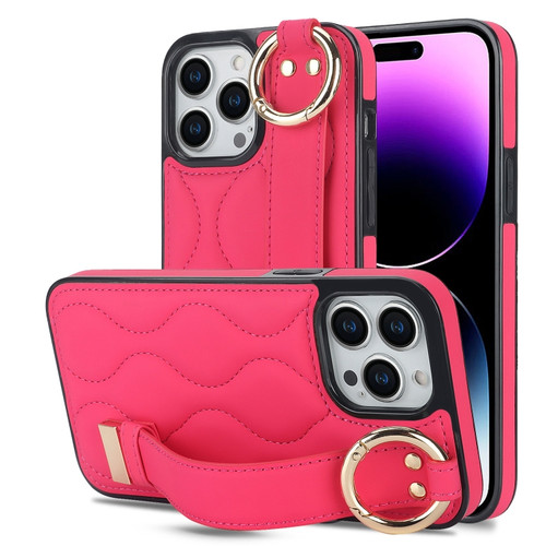 Non-slip Full Coverage Ring PU Phone Case with Wristband for iPhone 14 Pro Max - Rose Red