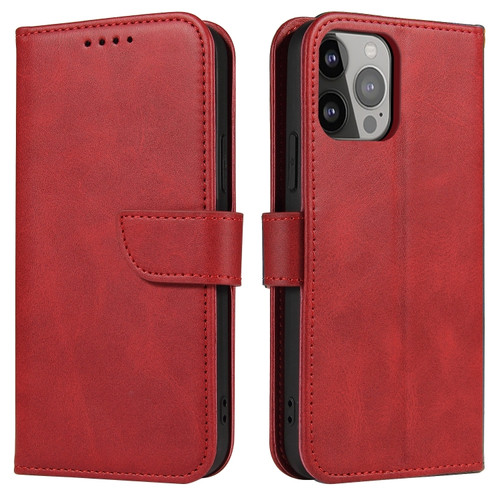 Calf Texture Buckle Flip Leather Phone Case for iPhone 14 Pro Max - Red