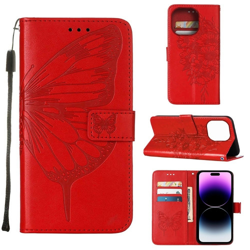 Embossed Butterfly Leather Phone Case for iPhone 14 Pro Max - Red