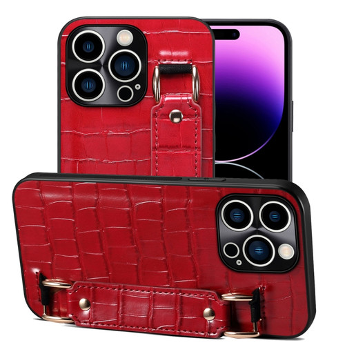 Crocodile Wristband Wallet Leather Back Cover Phone Case for iPhone 14 Pro Max - Red