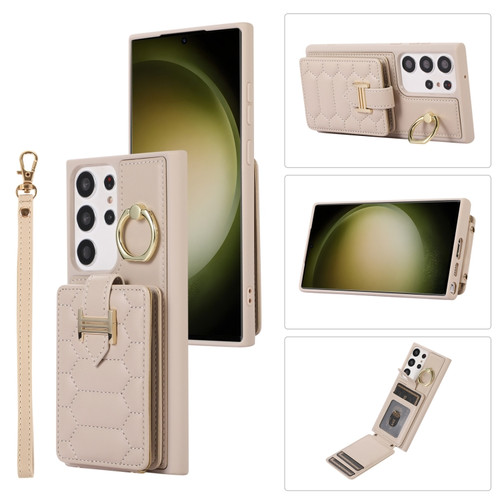 Vertical Card Bag Ring Holder Phone Case with Dual Lanyard for Samsung Galaxy S23 Ultra 5G - Beige