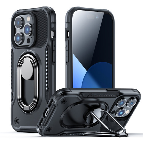 JOYROOM PC + TPU Dual-layer Shockproof Phone Case with Rotating Holder for iPhone 14 Plus - Black