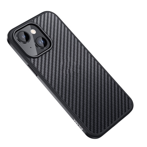 SULADA Carbon Fiber Textured Shockproof Metal + TPU Frame Case for iPhone 14 Plus - Black