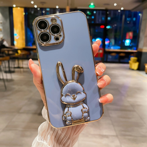 Plating Rabbit Holder Phone Case for iPhone 14 Plus - Blue
