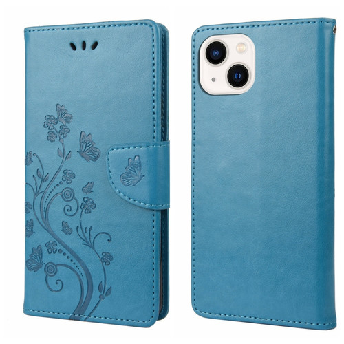 Butterfly Flower Pattern Flip Leather Phone Case  for iPhone 14 Plus - Blue