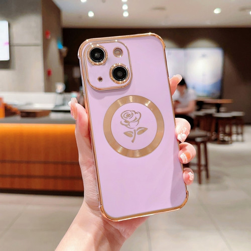 Electroplate Side Roses Flower MagSafe Phone Case for iPhone 14 Plus - Purple