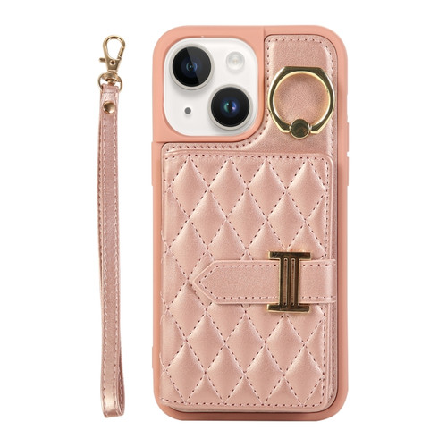 Horizontal Card Bag Ring Holder Phone Case with Dual Lanyard for iPhone 14 Plus - Rose Gold