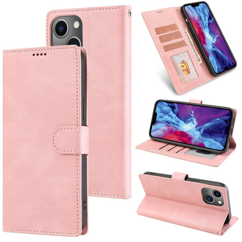 Fantasy Classic Skin-feel Calfskin Texture Leather Case for iPhone 14 Plus - Rose Gold