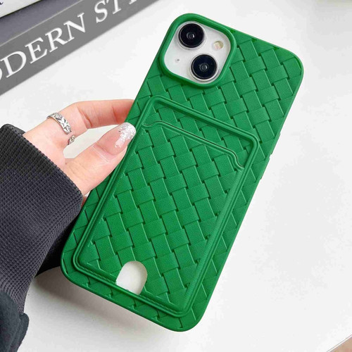 Weave Texture Card Slot Skin Feel Phone Case with Push Card Hole for iPhone 14 Plus - Green