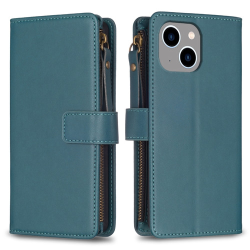 9 Card Slots Zipper Wallet Leather Flip Phone Case for iPhone 14 Plus - Green