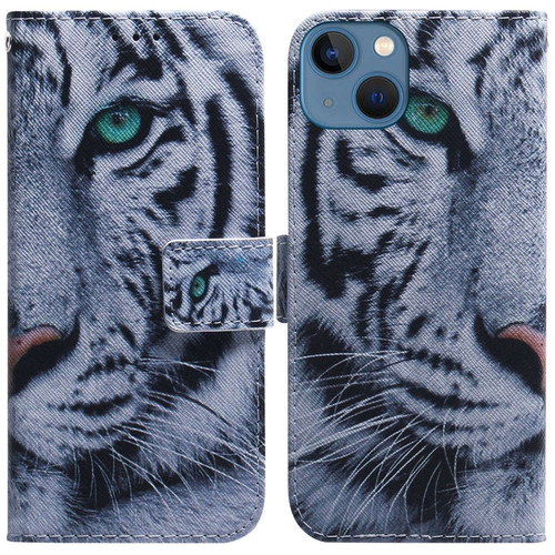 Coloured Drawing Flip Leather Phone Case for iPhone 14 Plus - Tiger