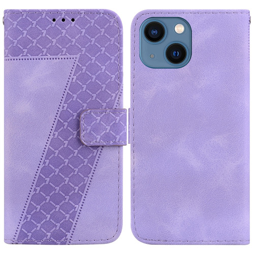 7-shaped Embossed Leather Phone Case for iPhone 14 Plus - Purple