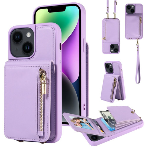 Crossbody Lanyard Zipper Wallet Leather Phone Case for iPhone 14 Plus - Purple