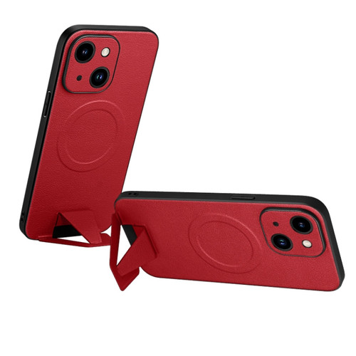 SULADA Folding Holder Lambskin Texture MagSafe Phone Case for iPhone 14 Plus - Red