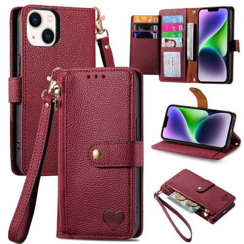 Love Zipper Lanyard Leather Phone Case for iPhone 14 Plus - Red