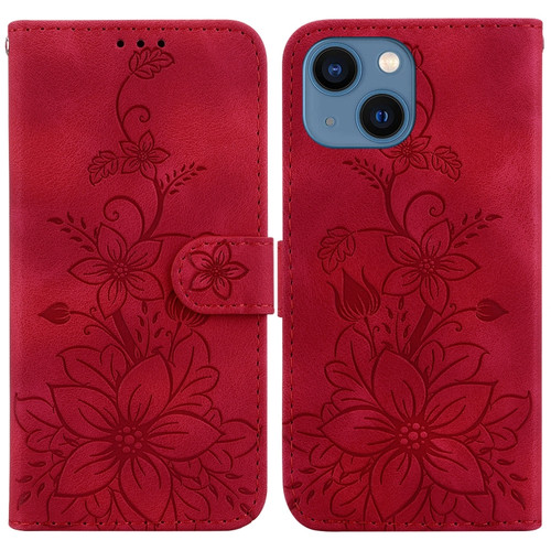 Lily Embossed Leather Phone Case for iPhone 14 Plus - Red