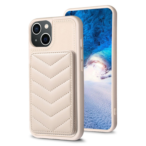 BF26 Wave Pattern Card Bag Holder Phone Case for iPhone 14 Plus - Beige