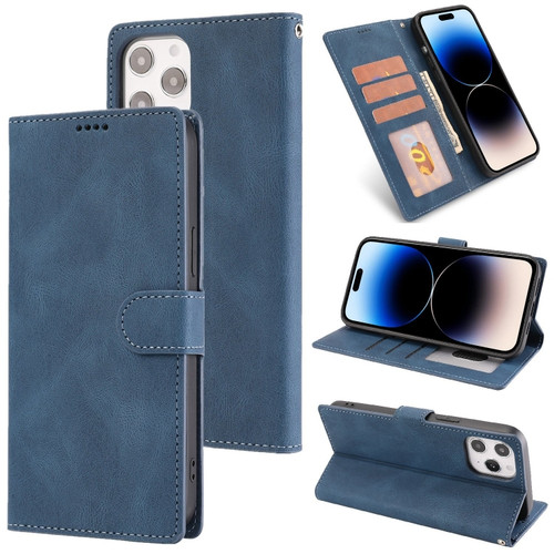 Fantasy Classic Skin-feel Calfskin Texture Leather Case for iPhone 14 Pro - Blue