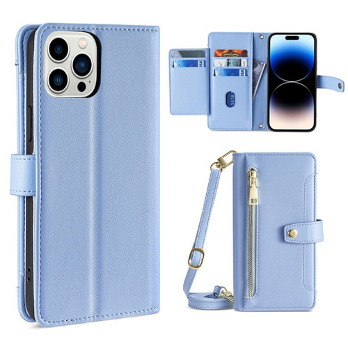 Sheep Texture Cross-body Zipper Wallet Leather Phone Case for iPhone 14 Pro - Blue