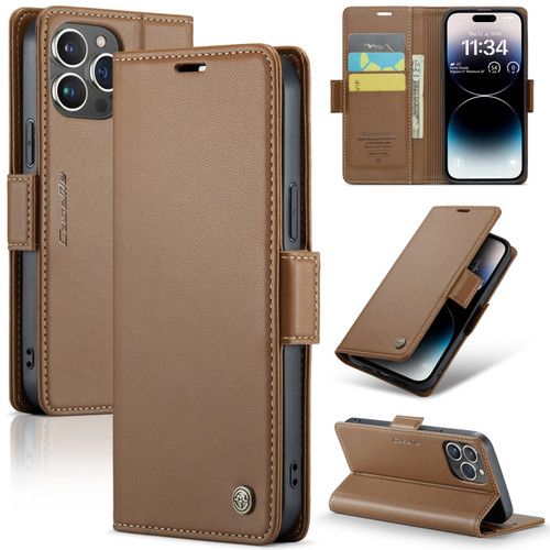 CaseMe 023 Butterfly Buckle Litchi Texture RFID Anti-theft Leather Phone Case for iPhone 14 Pro - Brown