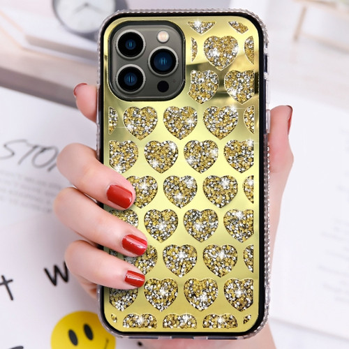 Love Hearts Diamond Mirror TPU Phone Case for iPhone 14 Pro - Gold