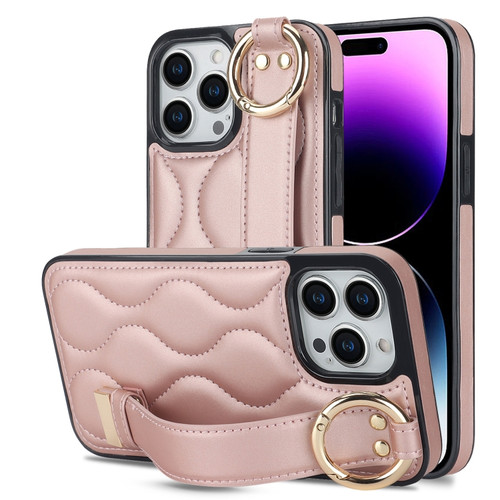 Non-slip Full Coverage Ring PU Phone Case with Wristband for iPhone 14 Pro - Rose Gold