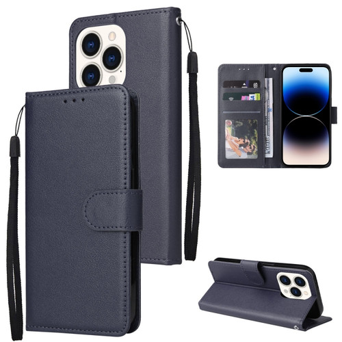 Multifunctional Horizontal Flip Leather Case with Three Card Slot for iPhone 14 Pro - Navy