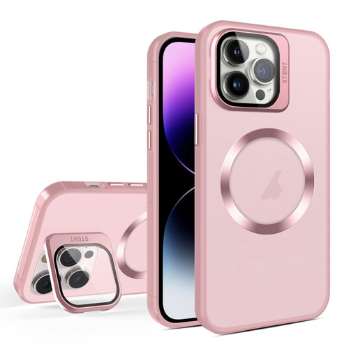 Skin Feel CD Texture MagSafe Lens Holder Phone Case for iPhone 14 Pro - Pink