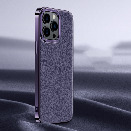 Litchi Texture Genuine Leather Phone Case for iPhone 14 Pro - Purple