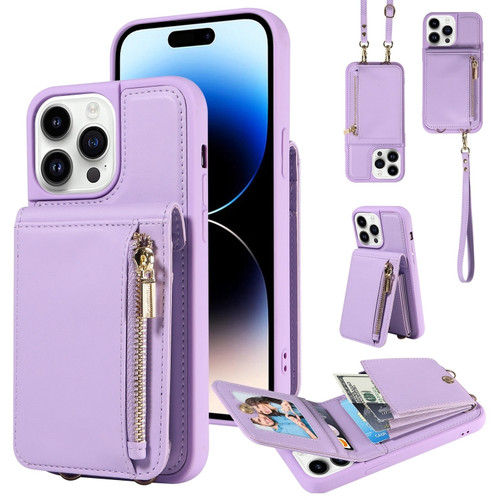 Crossbody Lanyard Zipper Wallet Leather Phone Case for iPhone 14 Pro - Purple