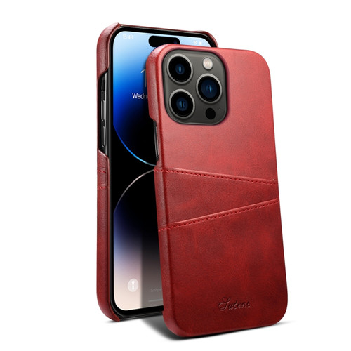 Suteni Calf Texture Card Slots Phone Case for iPhone 14 Pro - Red