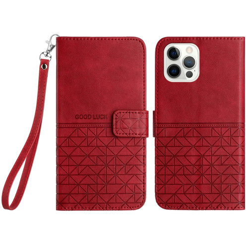 Rhombic Texture Leather Phone Case with Lanyard for iPhone 14 Pro - Red