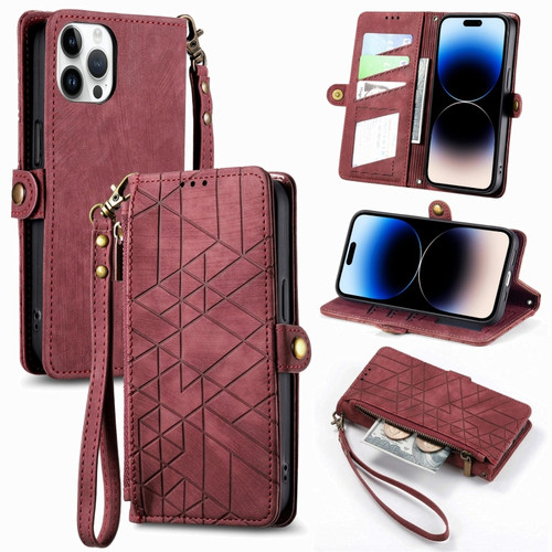 Geometric Zipper Wallet Side Buckle Leather Phone Case for iPhone 14 Pro - Red