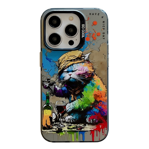 Animal Pattern Oil Painting Series PC + TPU Phone Case for iPhone 14 Pro - Drinking Cat