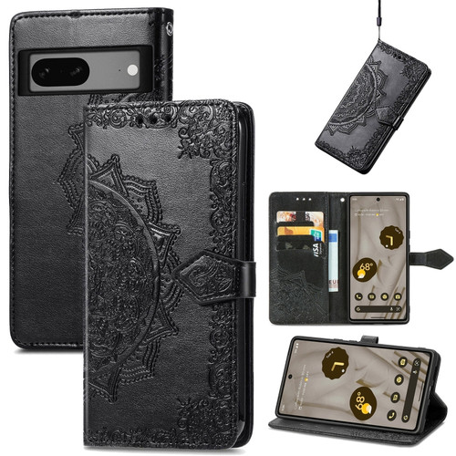 Mandala Flower Embossed Leather Phone Case for Google Pixel 7a - Black