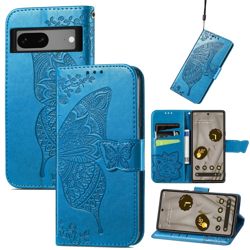 Butterfly Love Flower Embossed Leather Phone Case for Google Pixel 7a - Blue