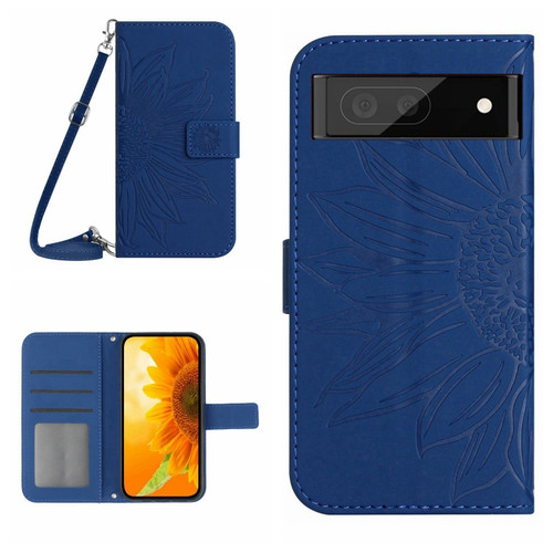 Skin Feel Sun Flower Pattern Flip Leather Phone Case with Lanyard for Google Pixel 7a - Dark Blue