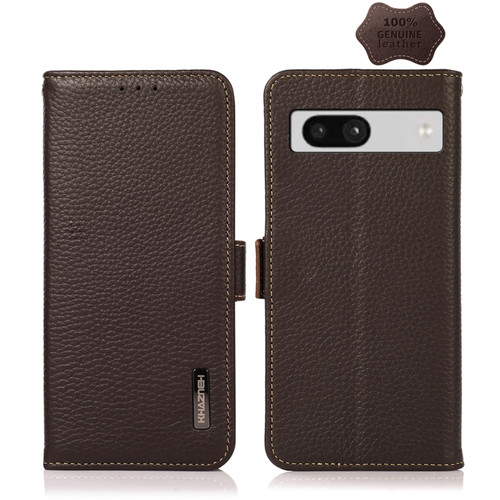 KHAZNEH Side-Magnetic Litchi Genuine Leather RFID Phone Case for Google Pixel 7a - Brown