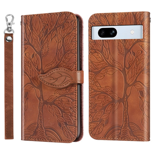 Life Tree Embossing Pattern Flip Leather Phone Case for Google Pixel 7a - Brown