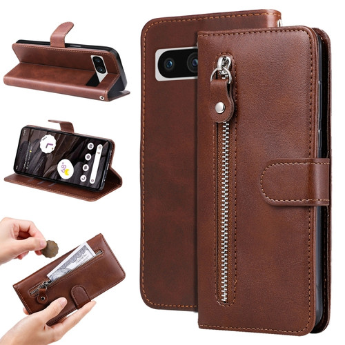 Fashion Calf Texture Zipper Leather Phone Case for Google Pixel 7a - Brown