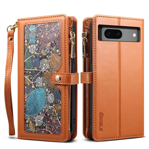 ESEBLE Star Series Lanyard Zipper Wallet RFID Leather Case for Google Pixel 7a - Brown