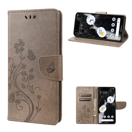 Butterfly Flower Pattern Flip Leather Phone Case for Google Pixel 7a - Grey