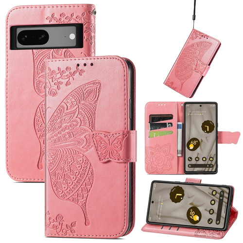 Butterfly Love Flower Embossed Leather Phone Case for Google Pixel 7a - Pink