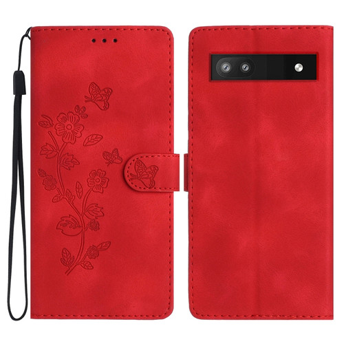 Flower Butterfly Embossing Pattern Leather Phone Case for Google Pixel 7a - Red