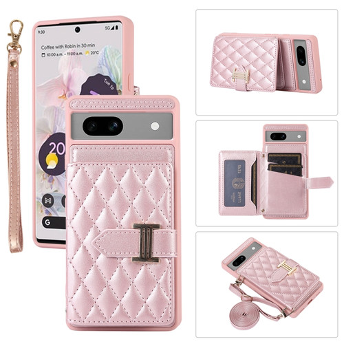 Horizontal Card Bag Phone Case with Dual Lanyard for Google Pixel 7a - Rose Gold