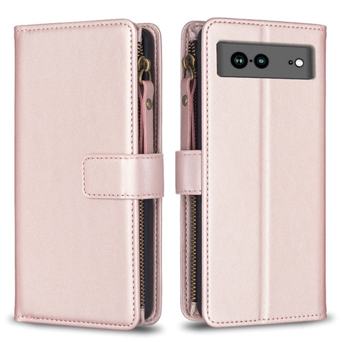 9 Card Slots Zipper Wallet Leather Flip Phone Case for Google Pixel 7a - Rose Gold